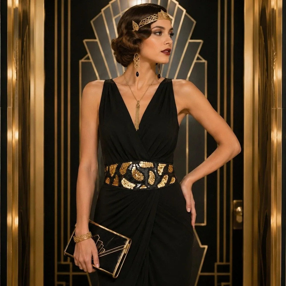 Womens Sequin Beaded Elastic Waist Belt M/L Black Gold Art Deco Flapper Gatsby